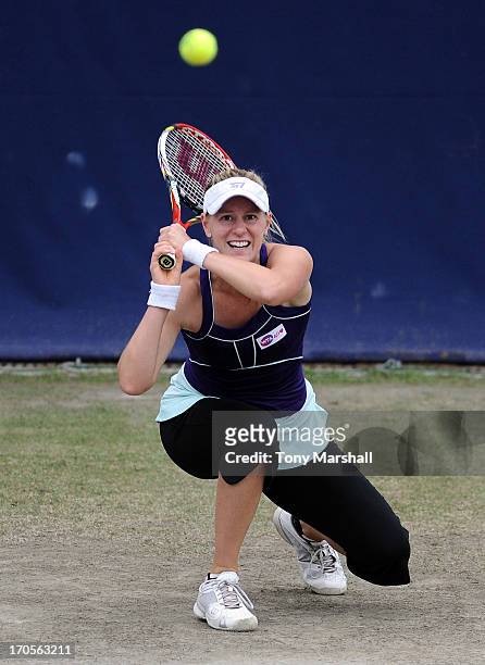 Alison Riske of USA returns a shot in her Quarter Final match against Sabine Lisicki of Germany during the AEGON Classic Tennis Tournament at...
