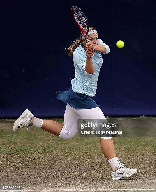 Sabine Lisicki of Germany returns a shot in her Quarter Final match against Alison Riske of USA during the AEGON Classic Tennis Tournament at...