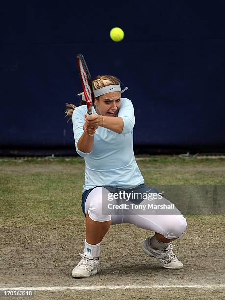 Sabine Lisicki of Germany returns a shot in her Quarter Final match against Alison Riske of USA during the AEGON Classic Tennis Tournament at...
