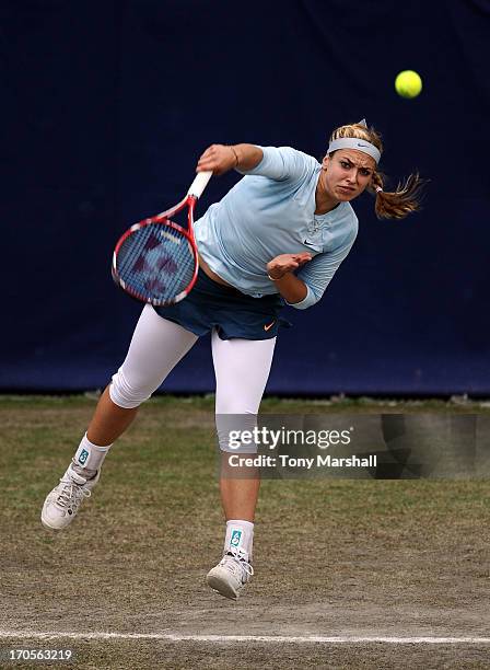 Sabine Lisicki of Germany serving in her Quarter Final match against Alison Riske of USA during the AEGON Classic Tennis Tournament at Edgbaston...