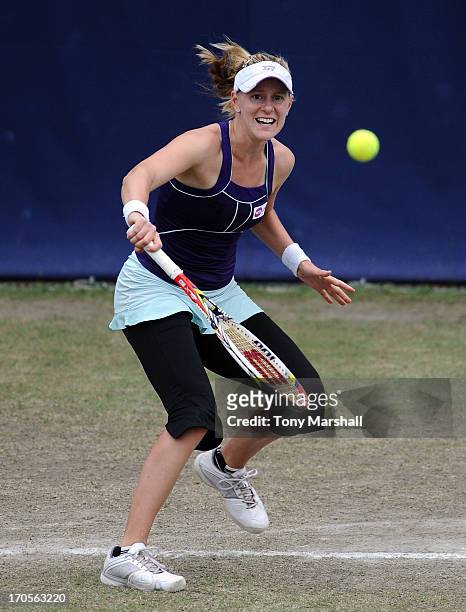 Alison Riske of USA returns a shot in her Quarter Final match against Sabine Lisicki of Germany during the AEGON Classic Tennis Tournament at...