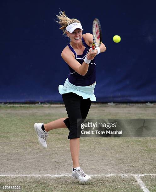 Alison Riske of USA returns a shot in her Quarter Final match against Sabine Lisicki of Germany during the AEGON Classic Tennis Tournament at...