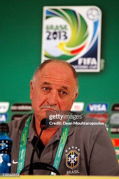 Brazil Coach, Luiz Felipe Scolari speaks to the media prior to the Brazil Training Session during the FIFA Confederations Cup 2013 at Estadio...