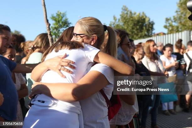 Two women embrace at the Institute of Secondary Education Elena Garcia Armada in Jerez de la Frontera where a minor has injured teachers and students...