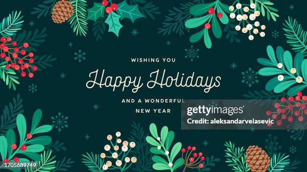 ilustraciones, imágenes clip art, dibujos animados e iconos de stock de fondo navideño navideño con ramas de muérdago, piñas, bayas y copos de nieve - snowflake vector