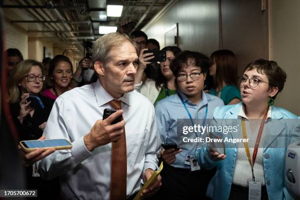 Rep. Jim Jordan arrives to a lunch meeting with members of the Texas Republican Congressional delegation at the U.S. Capitol October 4, 2023 in...