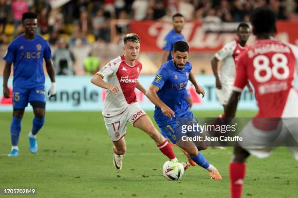 Morgan Sanson of Nice, left Aleksandr Golovin of Monaco during the Ligue 1 match between AS Monaco and OGC Nice at Stade Louis II on september 22,...
