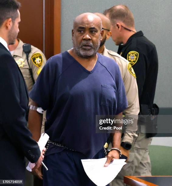 Duane Davis appears in court at the Regional Justice Center, on October 4, 2023 in Las Vegas, Nevada. A Nevada grand jury indicted Davis in Shakur's...