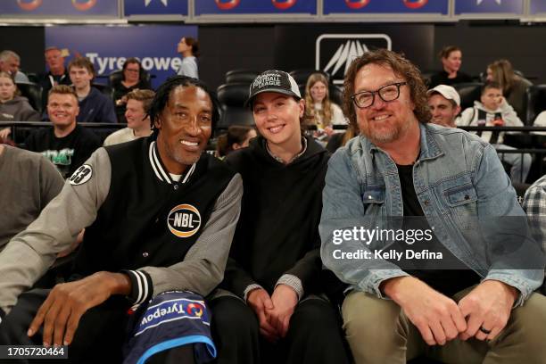 Scottie Pippen and Luc Longley watch the game during the round one NBL match between Melbourne United and South East Melbourne Phoenix at John Cain...