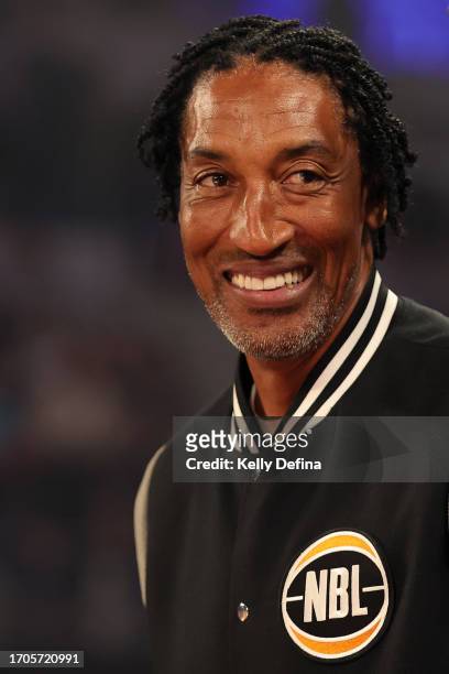 Scottie Pippen looks on before the game during the round one NBL match between Melbourne United and South East Melbourne Phoenix at John Cain Arena,...