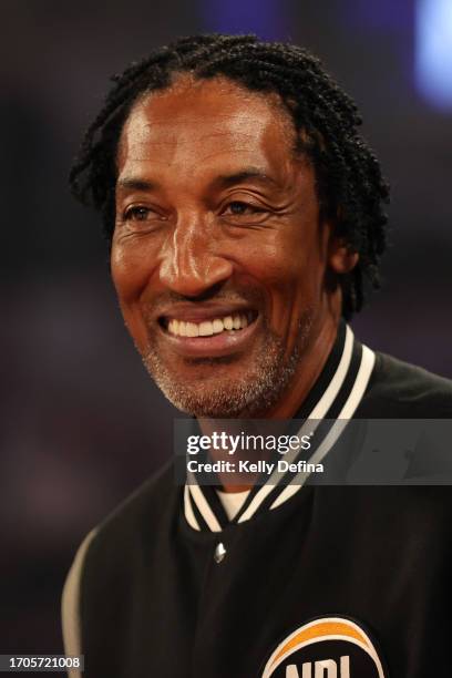 Scottie Pippen looks on before the game during the round one NBL match between Melbourne United and South East Melbourne Phoenix at John Cain Arena,...