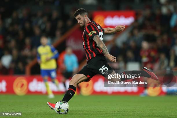 Marcos Senesi of AFC Bournemouth passes the ball during the Carabao Cup Third Round match between AFC Bournemouth and Stoke City at Vitality Stadium...