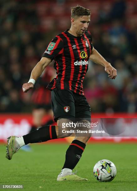 Illya Zabarnyi of AFC Bournemouth runs with the ballduring the Carabao Cup Third Round match between AFC Bournemouth and Stoke City at Vitality...