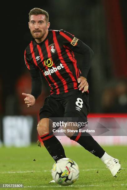 Joe Rothwell of AFC Bournemouth passes the ball during the Carabao Cup Third Round match between AFC Bournemouth and Stoke City at Vitality Stadium...