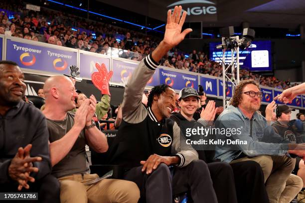 Scottie Pippen waves to the crowd during the round one NBL match between Melbourne United and South East Melbourne Phoenix at John Cain Arena, on...