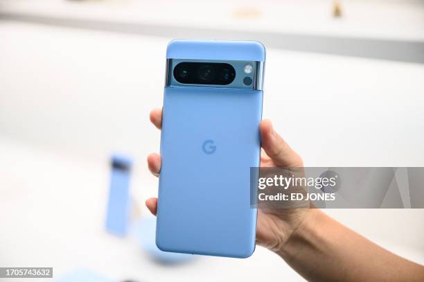 Google Pixel 8 pro phone is displayed during a product launch event for the Google Pixel 8, and Pixel 8 pro phones, Pixel Watch 2, and Pixel Buds Pro...