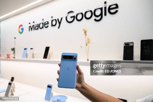 Google Pixel 8 pro phone is displayed during a product launch event for the Google Pixel 8, and Pixel 8 pro phones, Pixel Watch 2, and Pixel Buds Pro...