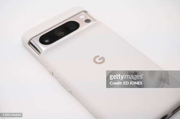 Google Pixel 8 Pro phone is displayed during a Google product launch event in New York on October 4, 2023.