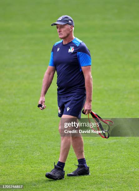 Kieran Crowley, the Italy head coach looks on during the Italy captain's run ahead of their Rugby World Cup France 2023 match against New Zealand at...