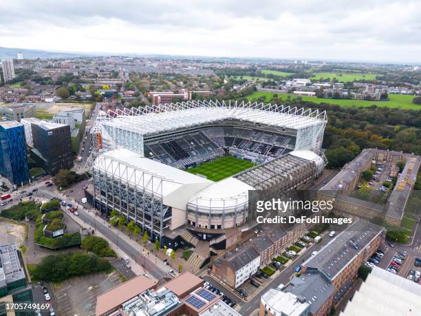 An aerial view of St James' Park, home to Newcastle United prior to the UEFA Champions League match between Newcastle United FC and Paris...