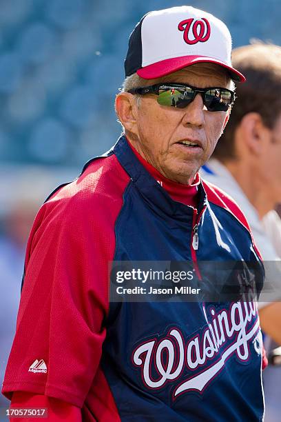 Manager Davey Johnson of the Washington Nationals watches batting practice prior to the game against the Cleveland Indians at Progressive Field on...