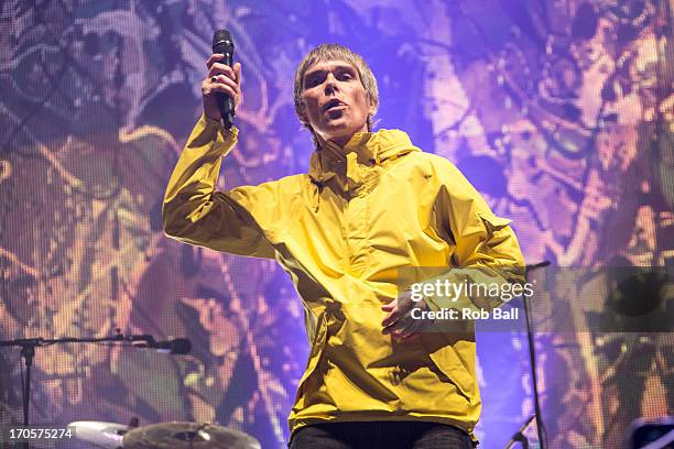 Ian Brown from The Stone Roses headlines the main stage during day 2 of the Isle of Wight Festival at Seaclose Park on June 14, 2013 in Newport, Isle...