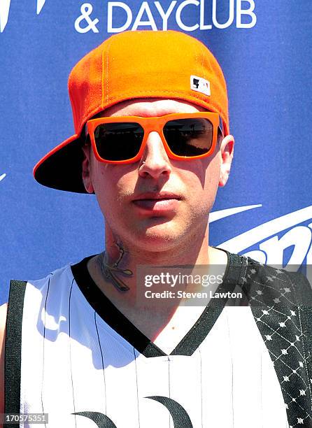 Drummer Dustin Johnson arrives at the Sapphire Pool & Day Club for a pool party on June 14, 2013 in Las Vegas, Nevada.