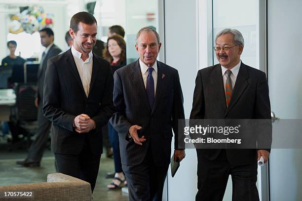 Jack Dorsey, chairman and co-founder of Twitter Inc., from left, New York City Mayor Michael "Mike" Bloomberg and San Francisco Mayor Edward "Ed" Lee...