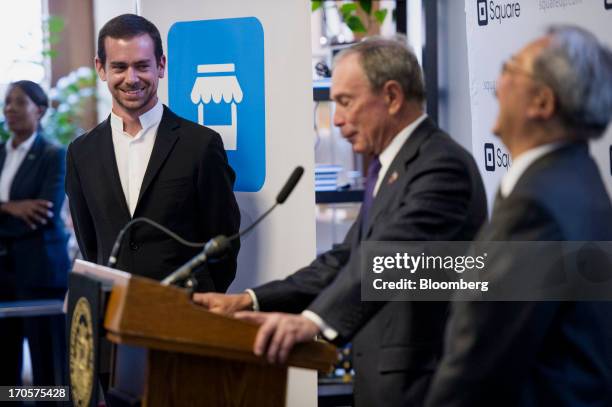 Jack Dorsey, chairman and co-founder of Twitter Inc., left, and and San Francisco Mayor Edward "Ed" Lee, right, laugh as New York City Mayor Michael...