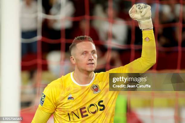 Nice goalkeeper Marcin Bulka celebrates the winning goal of Nice during the Ligue 1 Uber Eats match between AS Monaco and OGC Nice at Stade Louis II...