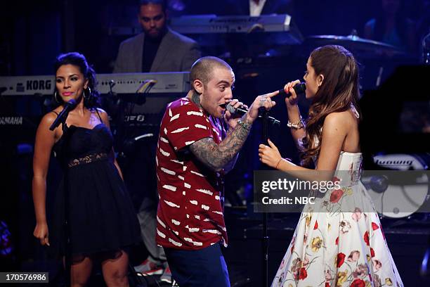 Episode 853 -- Pictured: Musical guest Ariana Grande featuring Mac Miller performs on June 14, 2013 --