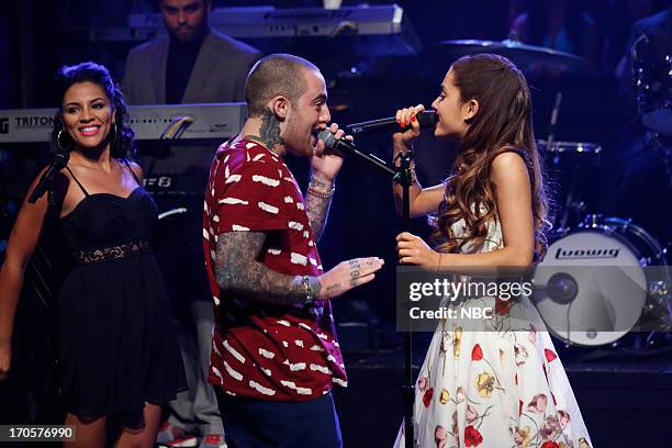 Episode 853 -- Pictured: Musical guest Ariana Grande featuring Mac Miller performs on June 14, 2013 --