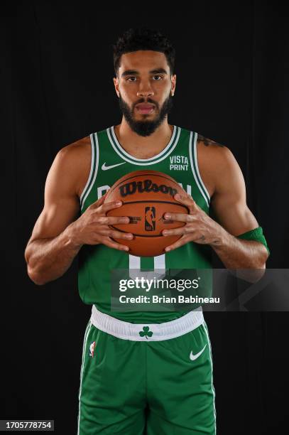 Jayson Tatum of the Boston Celtics poses for a portrait during 2023-24 NBA Media Day on October 2, 2023 at the TD Garden in Boston, Massachusetts....