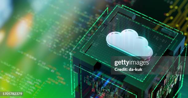 cloud computing and technologies background. transforming industries and customer service. a look into the future. futuristic cloud icon and cpu. cgi 3d render - cloud security stock pictures, royalty-free photos & images