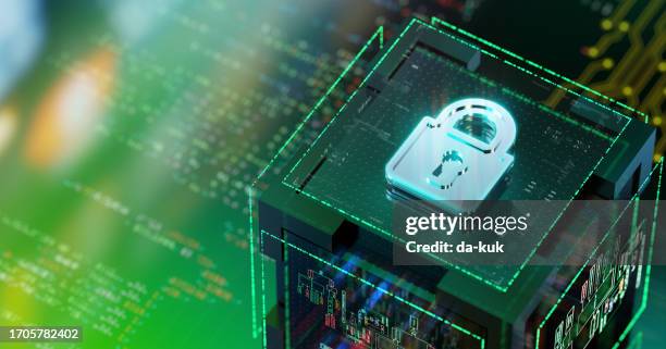 innovations of internet security. security and safety evolution. futuristic lock and quantum central processing unit. cgi 3d render - antivirus software bildbanksfoton och bilder