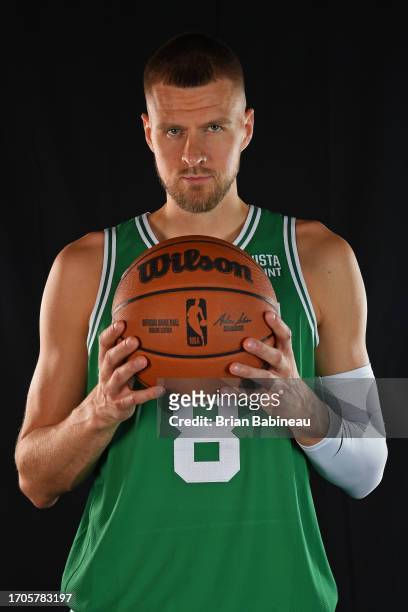 Kristaps Porzingis of the Boston Celtics poses for a portrait during 2023-24 NBA Media Day on October 2, 2023 at the TD Garden in Boston,...