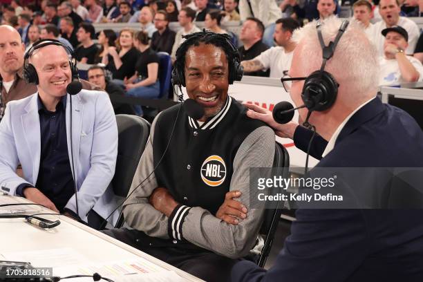 Scottie Pippen joins broadcast commentary with Andrew Gaze during the round one NBL match between Melbourne United and South East Melbourne Phoenix...