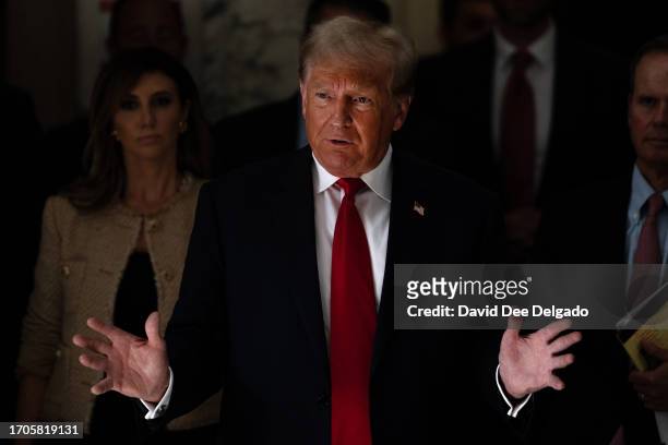 Former President Donald Trump addresses the press during a lunch break on the third day of his civil fraud trial at New York State Supreme Court on...