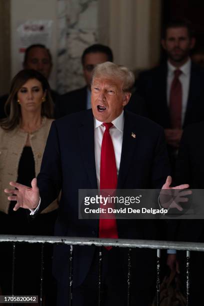 Former President Donald Trump addresses the press during a lunch break on the third day of his civil fraud trial at New York State Supreme Court on...