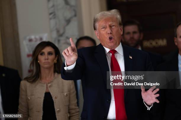 Former President Donald Trump addresses the press during a lunch break on the third day of his civil fraud trial at New York State Supreme Court on...