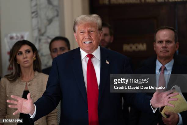 Former President Donald Trump addresses the media during a lunch break on the third day of his civil fraud trial at New York State Supreme Court on...