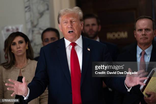 Former President Donald Trump addresses the media during a lunch break on the third day of his civil fraud trial at New York State Supreme Court on...
