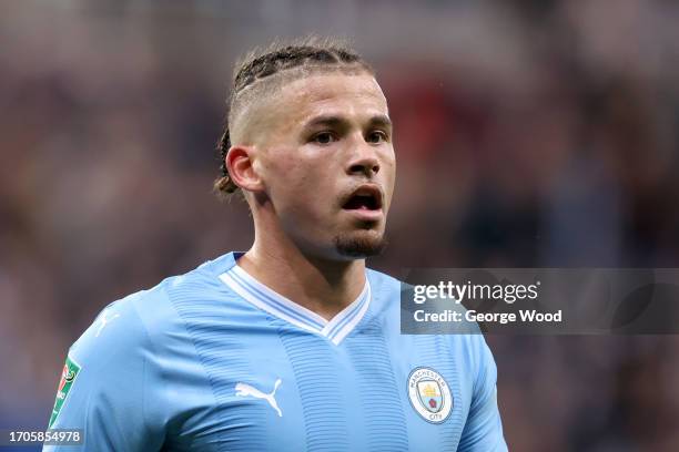 Kalvin Phillips of Manchester City reacts during the Carabao Cup Third Round match between Newcastle United and Manchester Cityat St James' Park on...