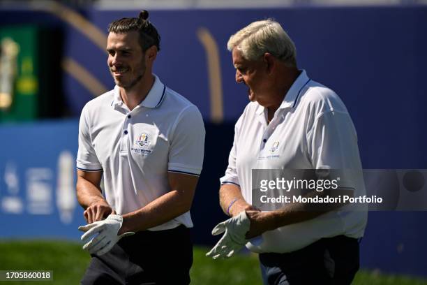 Former Welsh footballer Gareth Bale and former European Ryder Cup captain, Colin Montgomerie during the All stars match played ahead of the 44th...