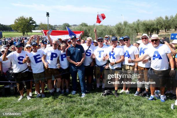 Sepp Straka of Team Europe poses for a photograph with fans on the seventh hole during a practice round prior to the 2023 Ryder Cup at Marco Simone...