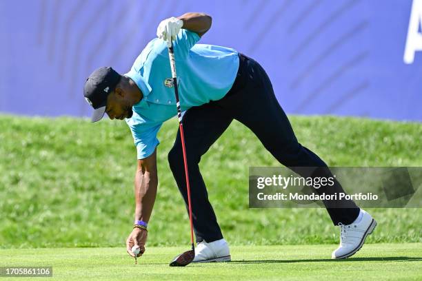 Former NFL football player, Victor Cruz during the All stars match played ahead of the 44th Ryder Cup 2023 at Marco Simone Golf and Country Club....