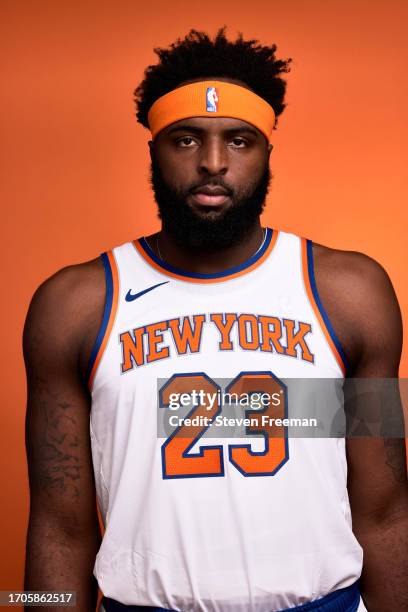 Mitchell Robinson of the New York Knicks poses for a portrait during 2023-24 NBA Media Day at The Knicks Training Center on October 2, 2023 in...