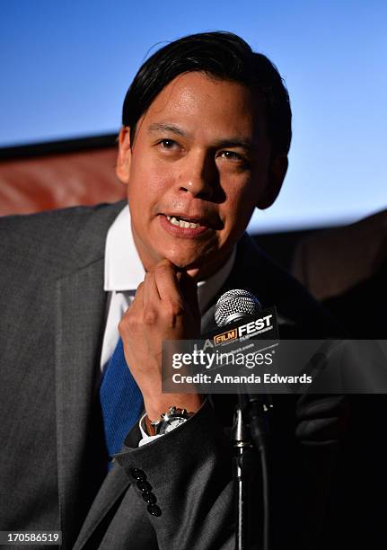 Actor Chaske Spencer speaks onstage at the "Winter in the Blood" premiere during the 2013 Los Angeles Film Festival at Regal Cinemas L.A. Live on...