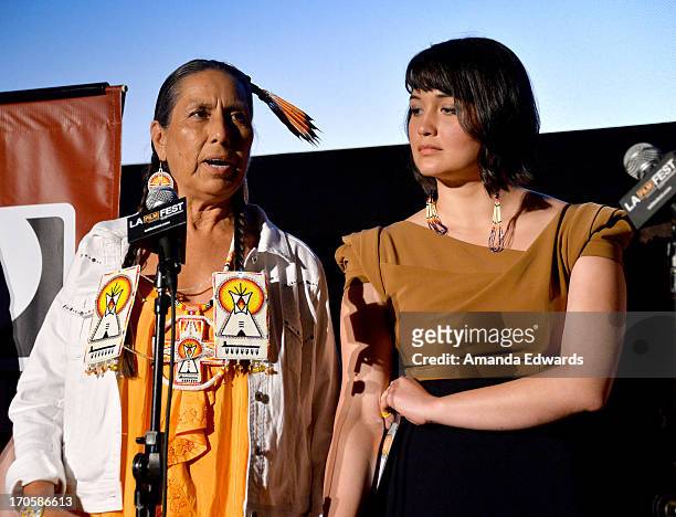 Actresses Casey Camp-Horinek and Lily Gladstone speak onstage at the "Winter in the Blood" premiere during the 2013 Los Angeles Film Festival at...