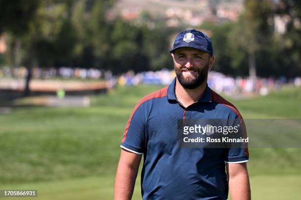 Jon Rahm of Team Europe smiles on the sixth hole during a practice round prior to the 2023 Ryder Cup at Marco Simone Golf Club on September 28, 2023...